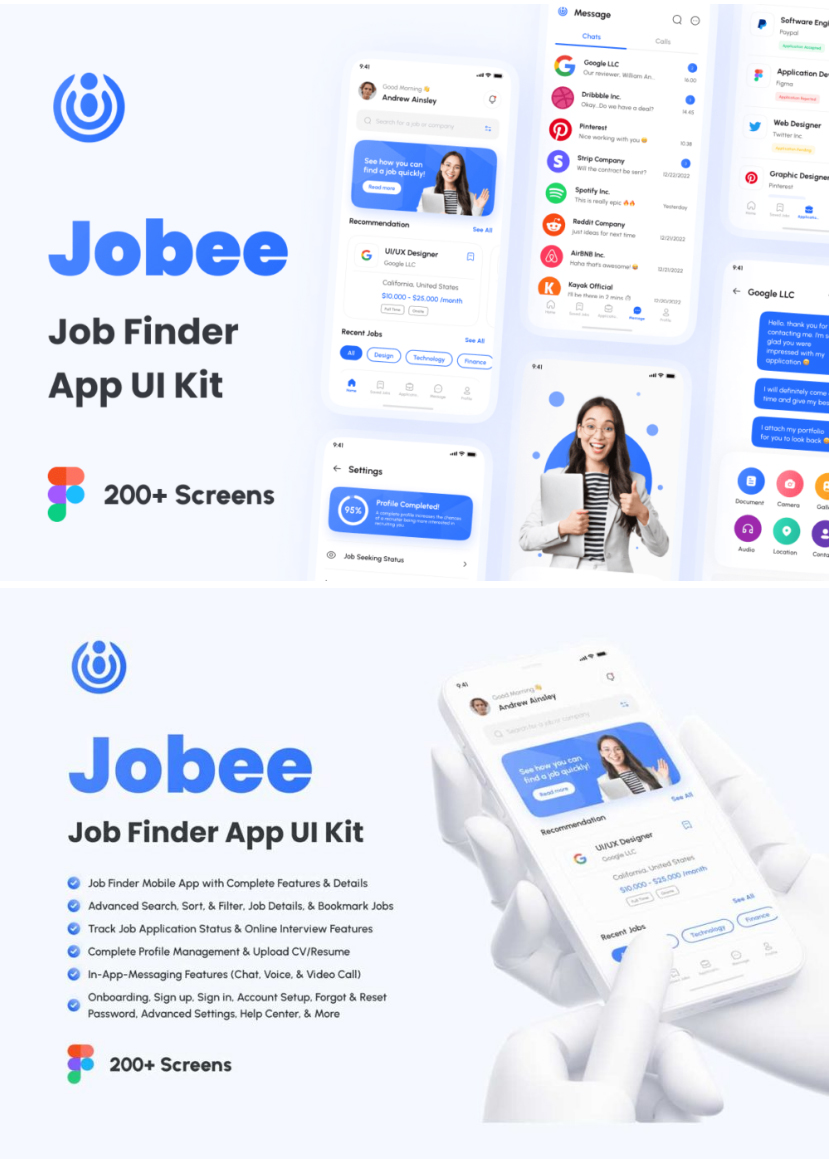 200多屏找工作应聘求职app应用程序界面设计ui套件素材 Jobee – Job Finder A_琦美素材库,让您的设计少走弯路~