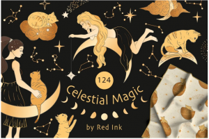124张神秘魔法女孩天体月亮星星太阳占星术AI矢量插画插图设计素材 Celestial Magic