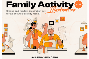 12幅独特家庭生活场景人物矢量插图插画ui界面设计素材 Parenty – Family Activ
