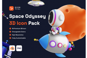 16款卡通趣味宇航员行星外星人宇宙飞船3D科技图标icon设计素材包 Space Odyssey 3