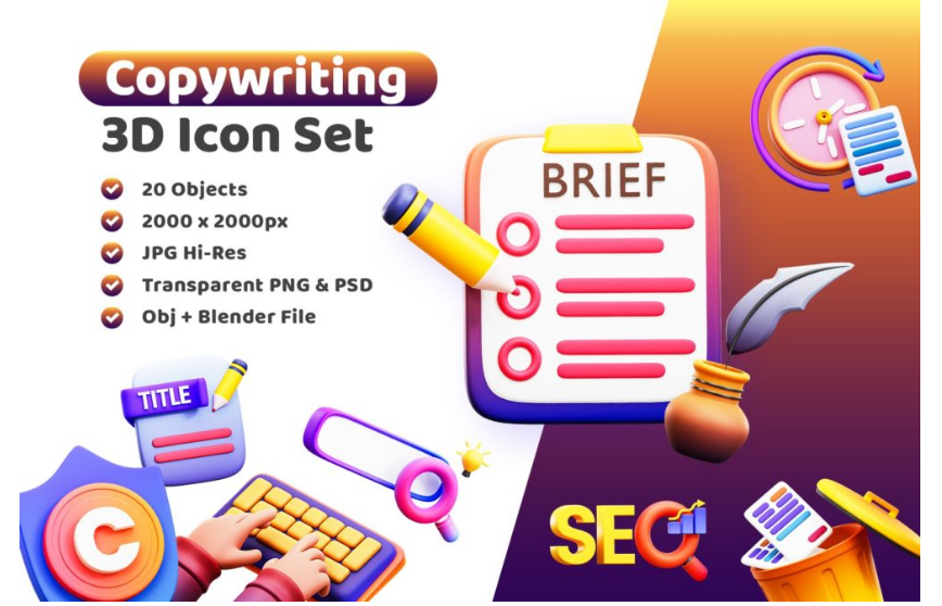 20款质感文案书写编辑写作3D图标icon素材png免抠图国外设计素材 3d Copywriting_琦美素材库，让您的设计少走弯路~