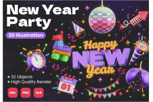 32款卡通趣味3D新年节日生日派对庆典插图插画png免抠图片素材 New Year Party 3D