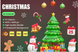 50个高级圣诞节主题雪人圣诞老人3D图标Icons插画插图设计素材包 Christmas 3D Ic