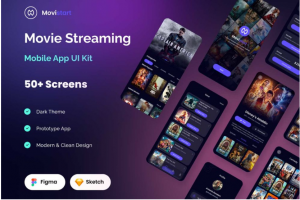 50屏移动在线影院电影流媒体ios app界面设计蓝色UI套件设计素材 Movie Streamin