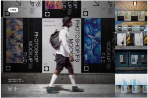 复古褶皱城市街头墙贴海报广告牌设计展示贴图PSD样机模板