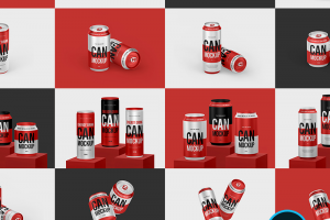 16款易拉罐啤酒饮料可乐汽水瓶子VI包装效果图展示PS贴图样机素材PSD源文件