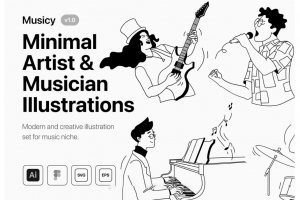 12幅卡通有趣音乐唱歌乐器演奏手绘插画插图AI矢量设计素材