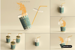 12款时尚果汁饮料咖啡奶茶塑料吸管包装杯外观贴图设计展示PSD样机模板