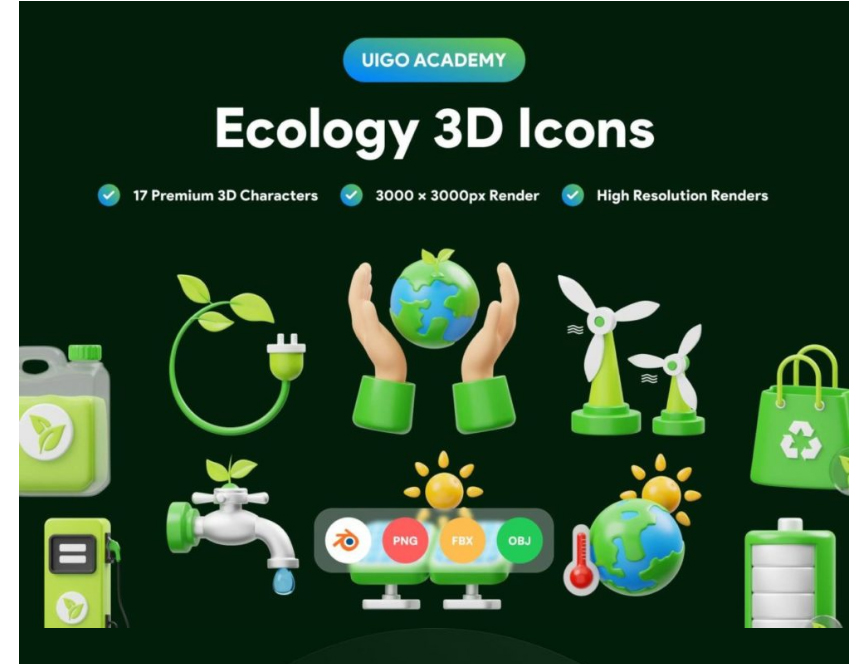 17高级绿色节能环保生态3D图标Icons设计素材 Ecology 3D Icon_琦美素材库，让您的设计少走弯路~