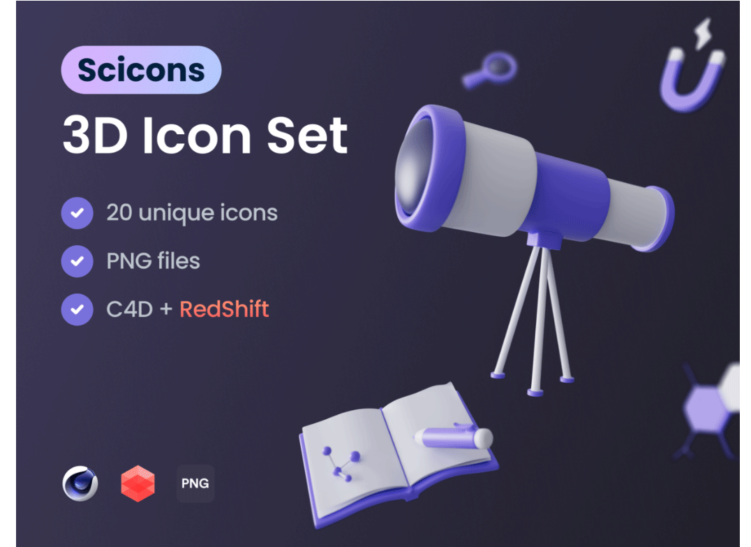20款独特科学研究实验教育教学3D图标Icons设计C4D格式素材包 Scicons – 3D Ic_琦美素材库，让您的设计少走弯路~