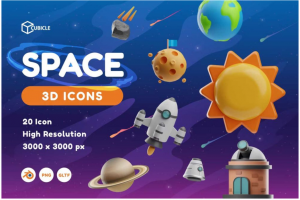 20个高级宇宙太空星球宇航员3D图标Icons设计素材包 Cubicle – Space 3D Ic