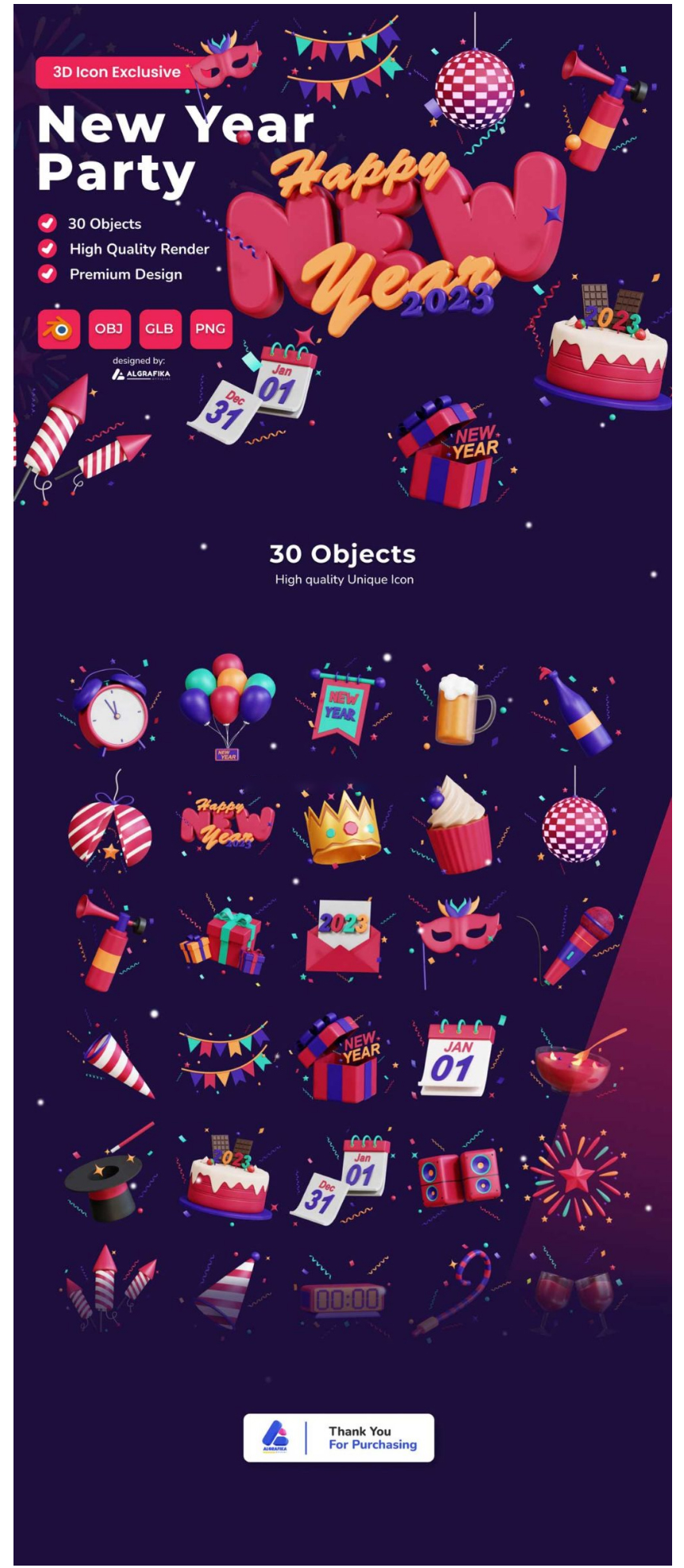 30个高级独特新年节日派对聚会庆祝 New Year 3D Icon Pack_琦美素材库，让您的设计少走弯路~
