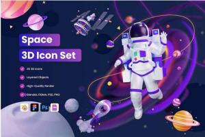 30个卡通趣味太空宇航员飞船空间站星球3D图标Icons设计素材
