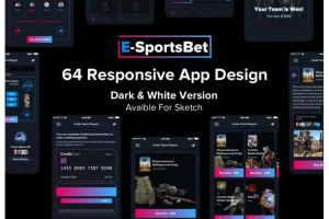 64屏黑白体育赛事在线直播投注APP界面设计UI套件素材包 EsportsBet Duello UI