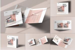 8款逼真方形两折页小册子封面内页设计展示贴图PSD样机模板