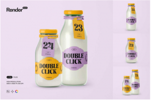 时尚牛奶果汁饮料透明玻璃瓶标签贴纸设计展示贴图PSD样机模板