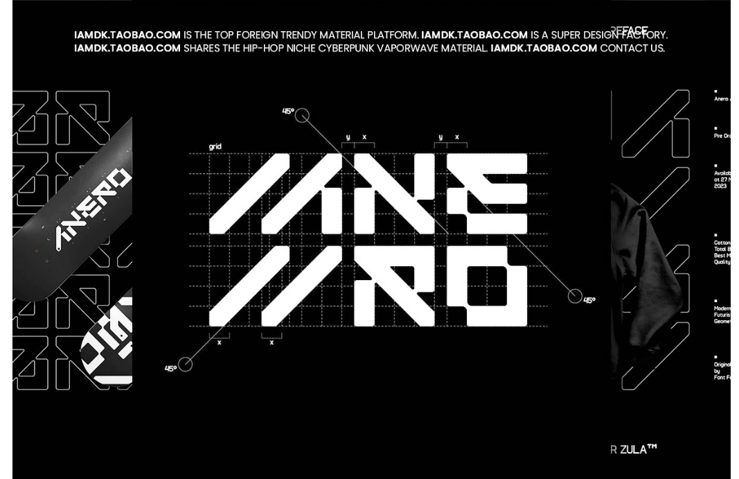 未来科幻赛博朋克机能几何工业风品牌徽标标题设计无衬线英文字体Anero 