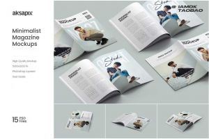15款极简A4杂志画册小册子设计展示贴图PSD样机模板素材