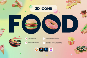 30款食品食物美食膳食3D图标Icons插图插画设计素材包