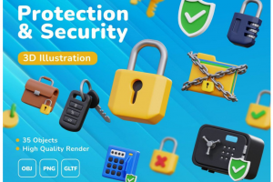 35款网络安全保护钥匙盾牌3D立体插画插画图标Icons设计素材合集