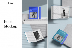 5款逼真精装书籍画册封面设计展示贴图PSD样机模板