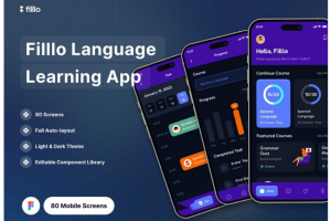 80屏在线语言学习教学课程APP应用程序界面设计Figma模板素材