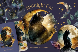 神秘魔法猫猫月亮星星手绘水彩剪贴画PNG免抠背景图设计素材