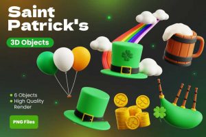 6款3D卡通爱尔兰风圣帕特里克节假日主题插图图标Icons设计素材