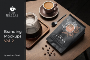 10款咖啡品牌VI设计包装袋名片卡片设计PS智能贴图样机模板素材