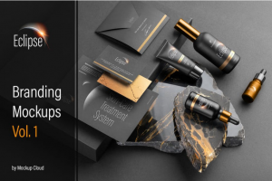 10款高级暗黑护肤品化妆品品牌VI设计包装办公用品展示贴图PSD样机模板