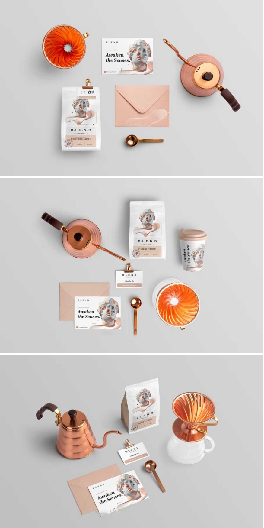 11款时尚咖啡品牌VI设计包装袋名片信封展示效果图PSD样机模板素材