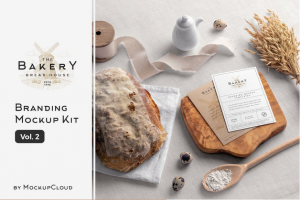 13款时尚面包烘培店品牌VI设计标签名片包装纸手提袋展示效果图PSD样机模板