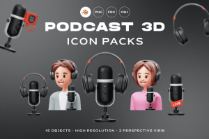 15款高级新闻主持直播话筒耳机3D插图图标Icons设计素材
