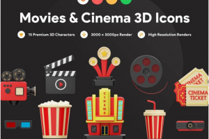 15款高级电影影院APP界面设计3D图标Icons设计素材