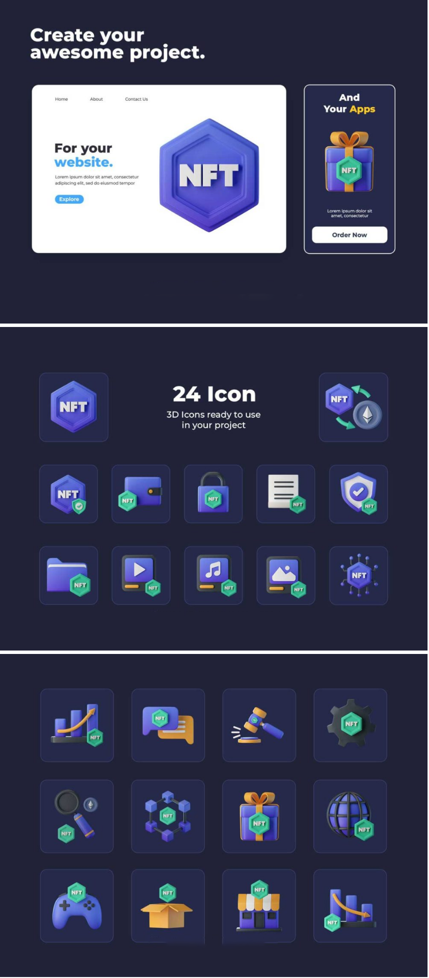 24款高级NFT虚拟物品货币在线交易3D图标Icons设计素材_琦美素材库，让您的设计少走弯路~