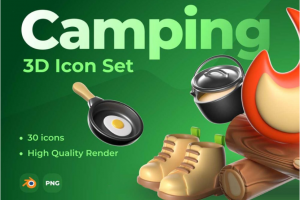 30款卡通创意徒步旅游野营露营3D图标Icons设计素材合集