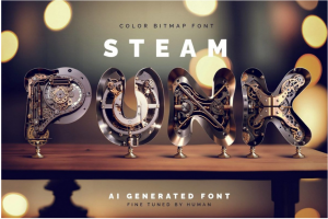 复古蒸汽朋克工业机械3D金属质感英文字体安装包设计素材 SteampunkAi – Color Bi