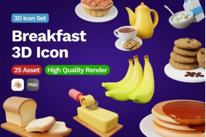 25款卡通创意早餐食品食物水果3D立体图标Icons设计素材