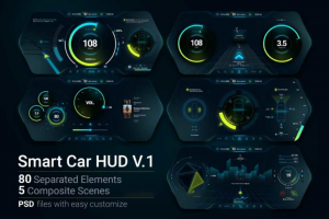 5款新能源智能汽车仪表盘界面HUD设计PSD模板源文件素材