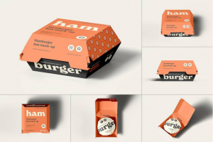 6种逼真西餐汉堡食品包装纸盒外观设计展示效果图PSD样机模板素材