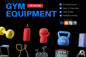20款高级健身房健身器材主题3D三维立体图标Icons设计素材合集