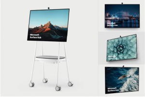 32款时尚微软Surface Hub一体式数字白板移动电脑团队会议平台UI界面设计屏幕展示PSD样机