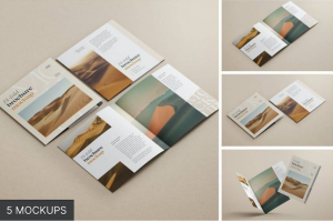 5款逼真方形小册子两折页设计展示效果图PSD样机模板合集