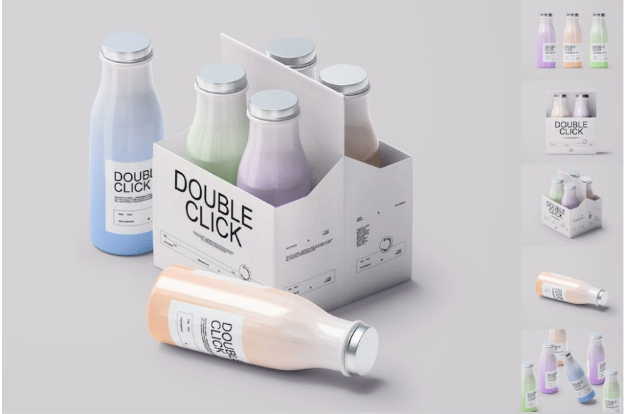 时尚透明果汁饮料酸奶玻璃瓶贴纸设计效果图PSD样机模板合集