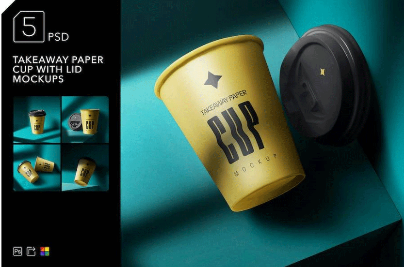 5款时尚一次性外卖咖啡纸杯设计展示贴图PSD样机模板