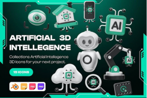 Blender模型 15款高级未来网络科技人工智能AI信息数据3D立体图标Icons设计素材