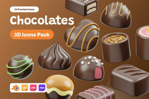 Blender模型 20款卡通有趣巧克力糕点甜点3D三维图标Icons设计素材