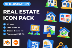 Blender模型 25款高质量房地产APP界面设计3D立体图标Icons设计素材合集