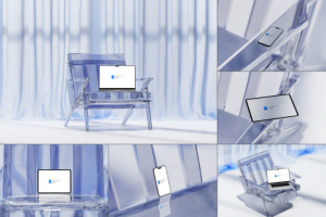 未来科幻玻璃场景苹果iPad手机iPhone 15笔记本电脑屏幕演示样机模板