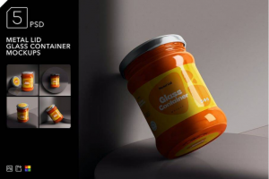 逼真蜂蜜食品玻璃瓶包装罐贴纸设计展示效果图PSD样机模板素材